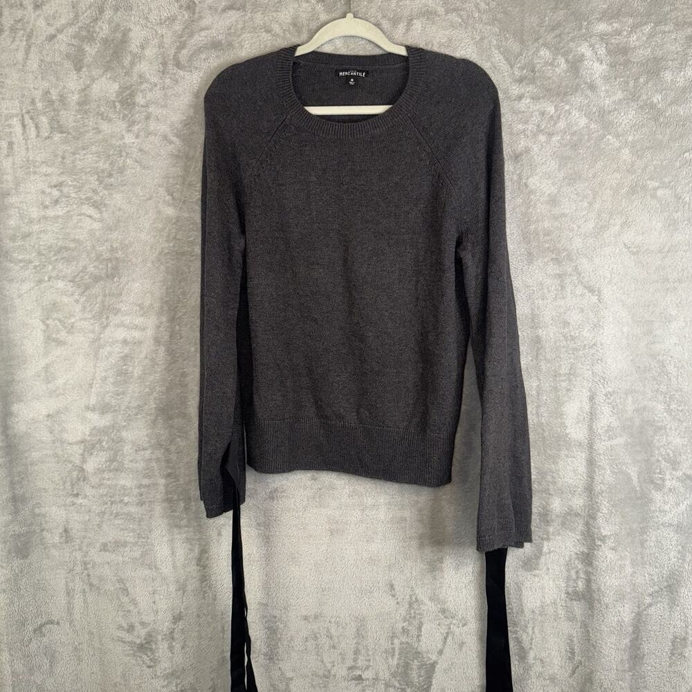 J Crew Mercantile Ribbon Tie Sleeve Sweater SZ M Gray Minimalist Neutral